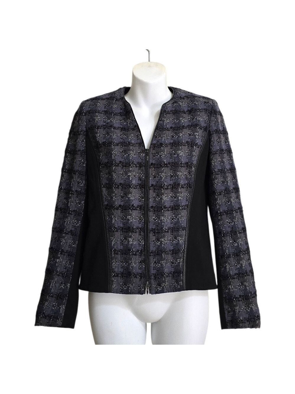Lafayette 148 Collarless Metallic Houndstooth Wool Blend Zip Front Blazer Sz 0